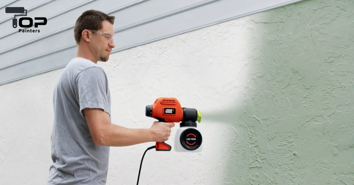 A man is painting his house with a paint sprayer