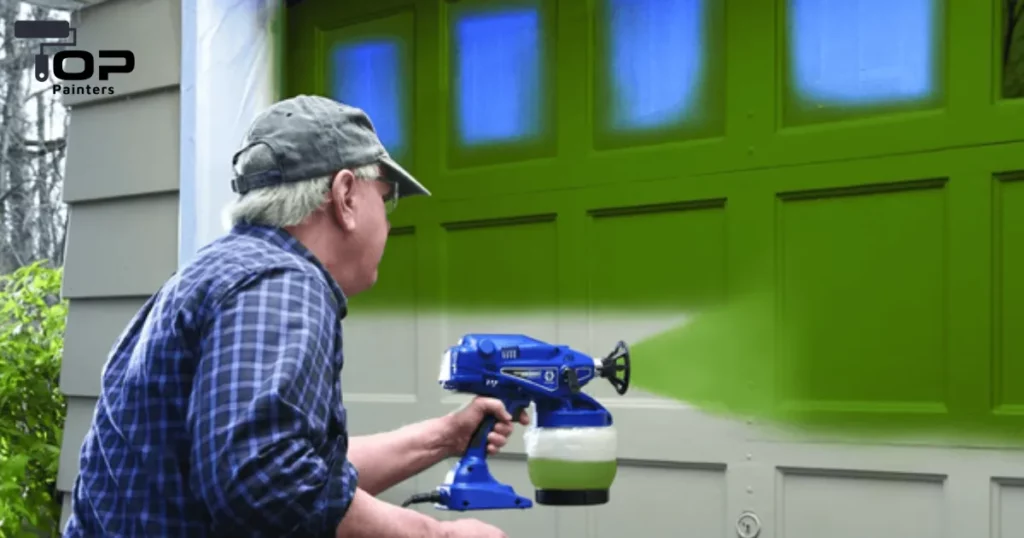 An old man is painting his garage with a paint sprayer