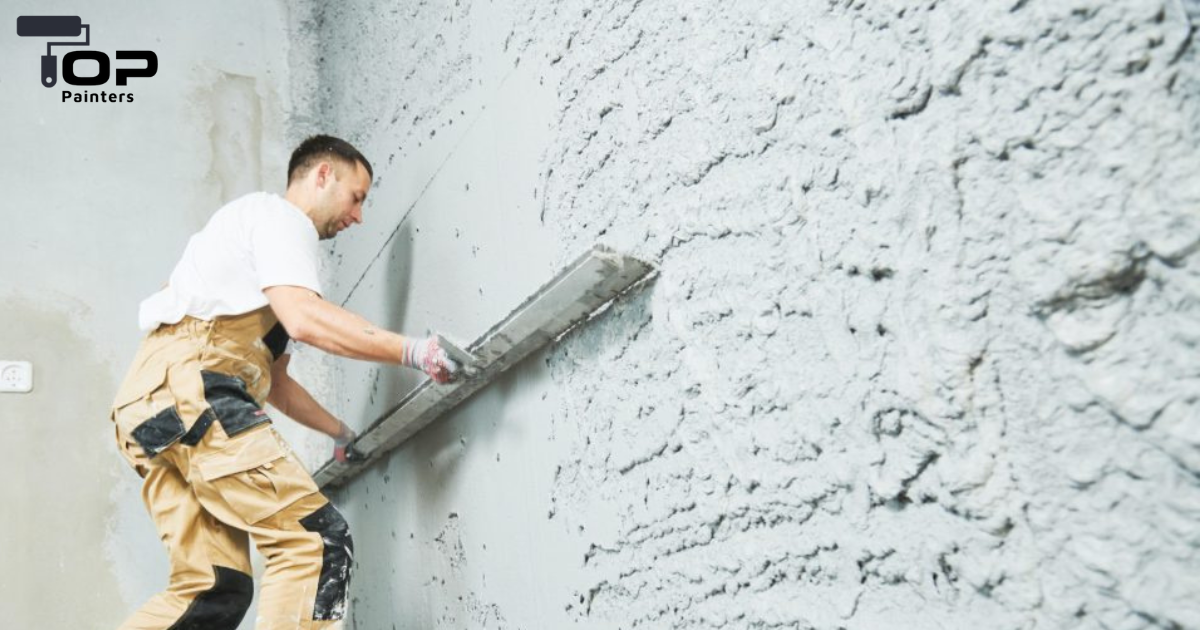 A professional painter is plastering a wall