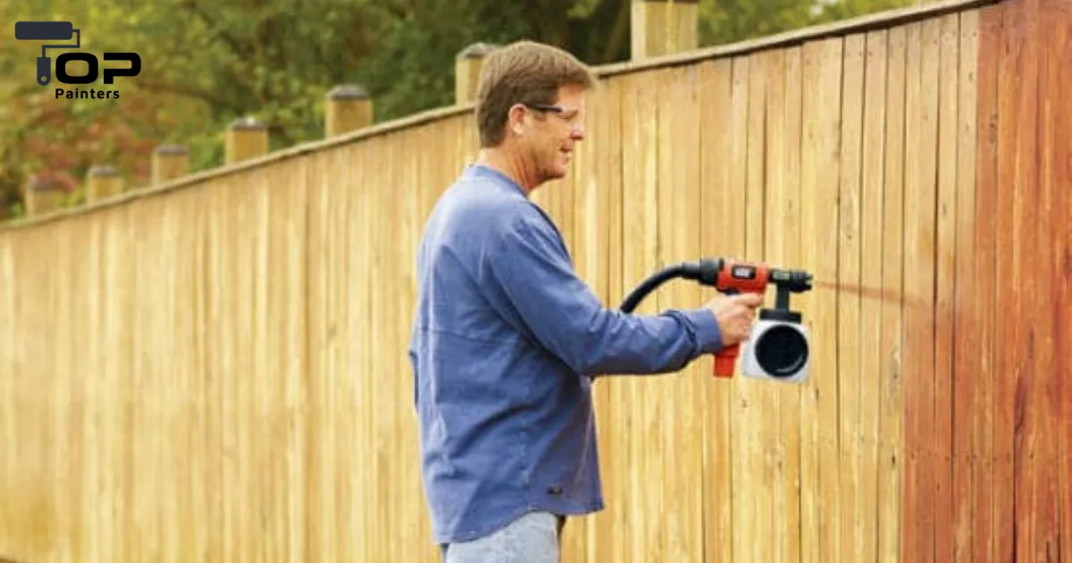 A man is painting fences with a paint gun