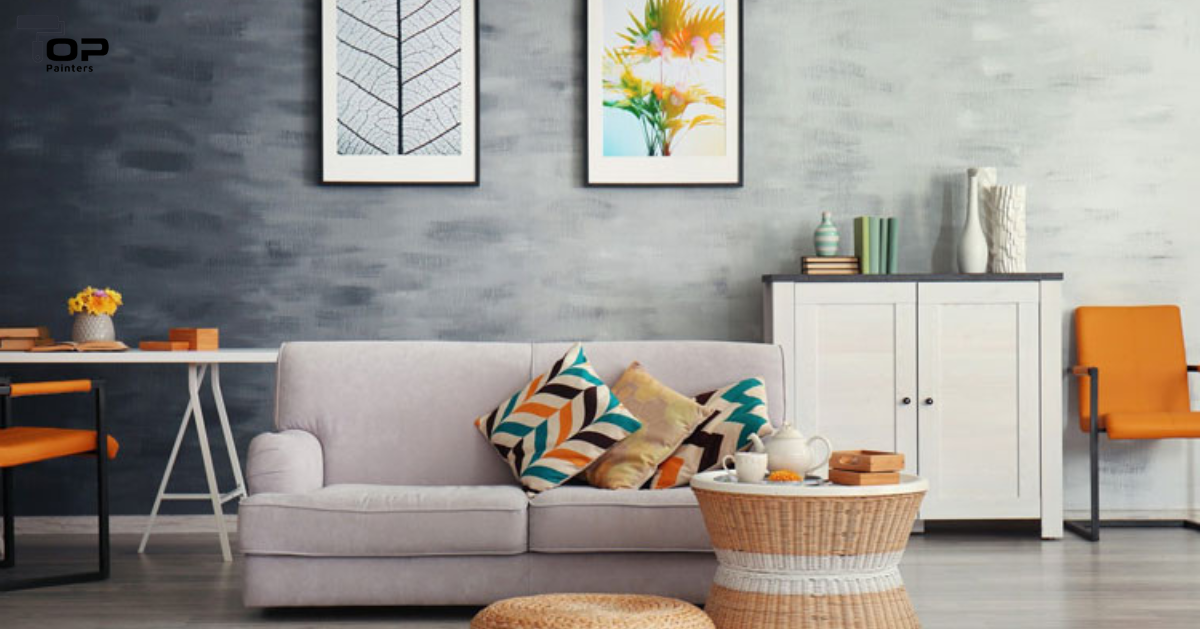 Painted living room with a blend of two colors, white and taupe.