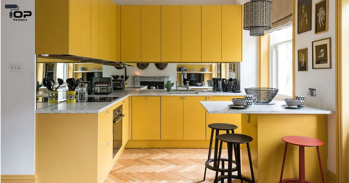 Kitchen painted with yellow color.