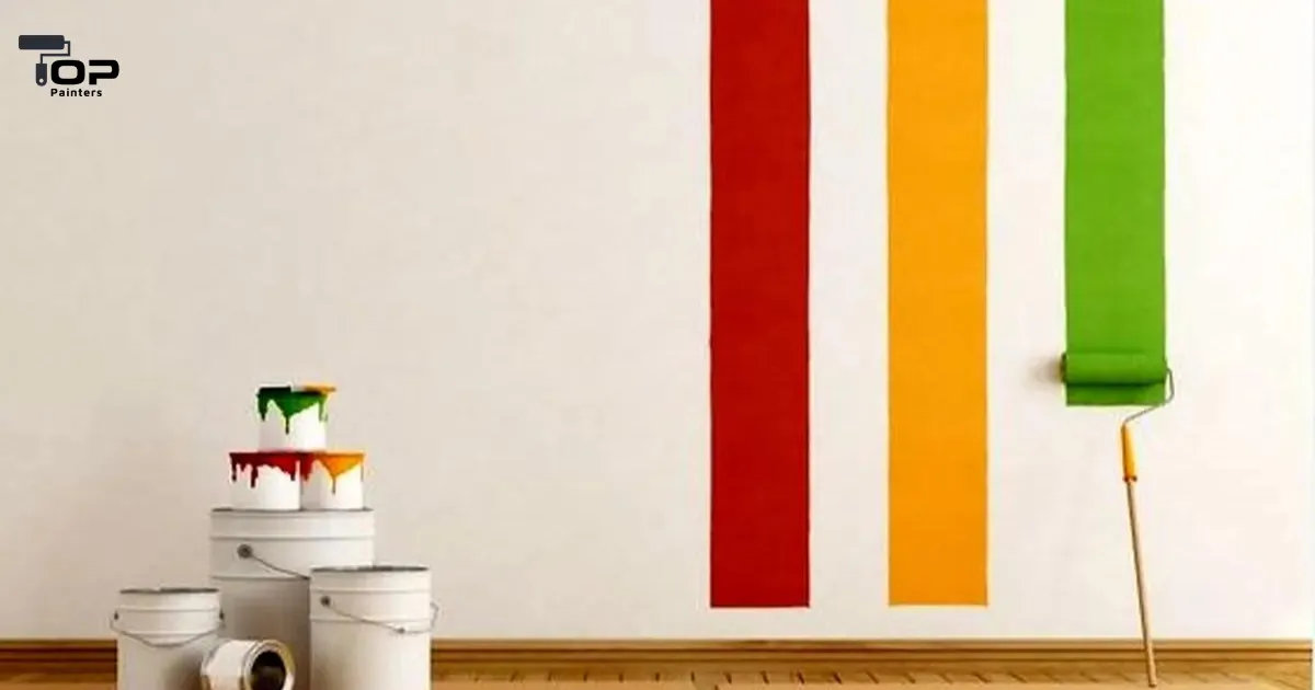 Painting walls with red, green, and yellow colors.