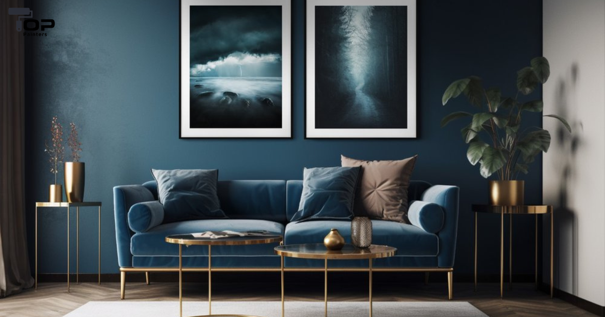 Design and painting of living room with a dark blue color scheme.