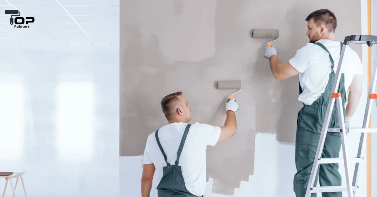 Two professional painters are currently painting the walls.