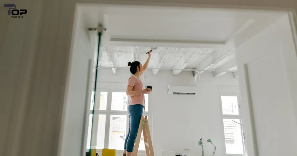 A woman painting the gypsum ceiling of a house