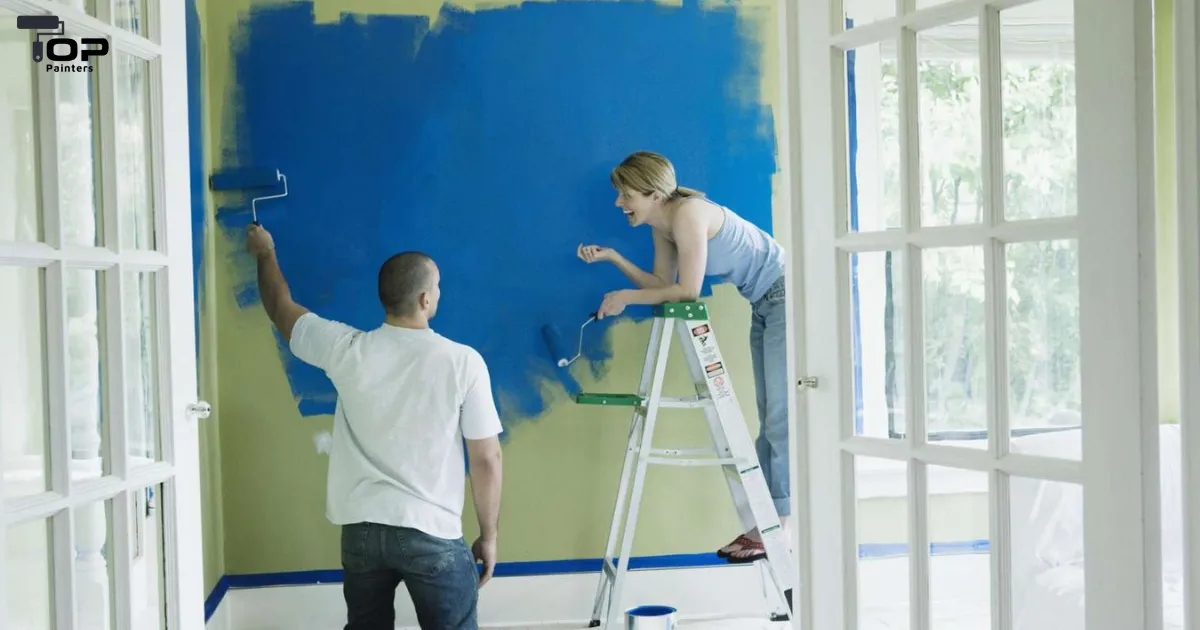 Two people painting a house with building primer.