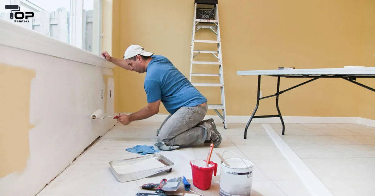 Professional painter is painting a wall by using of suitable roller.