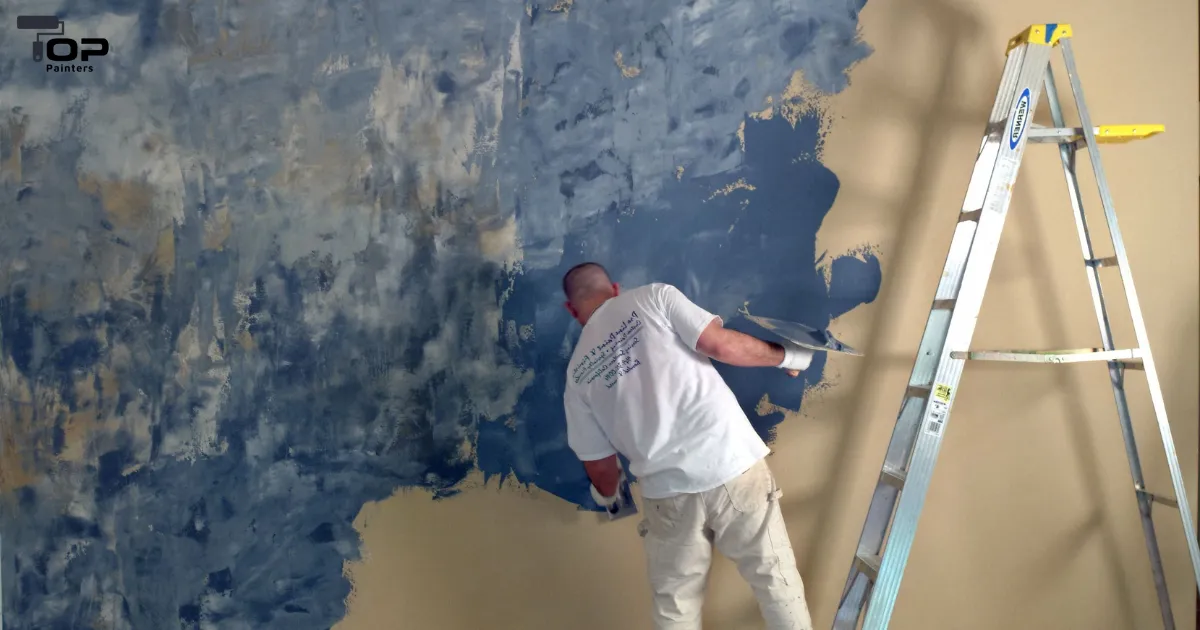 A professional painter working on wall painting.