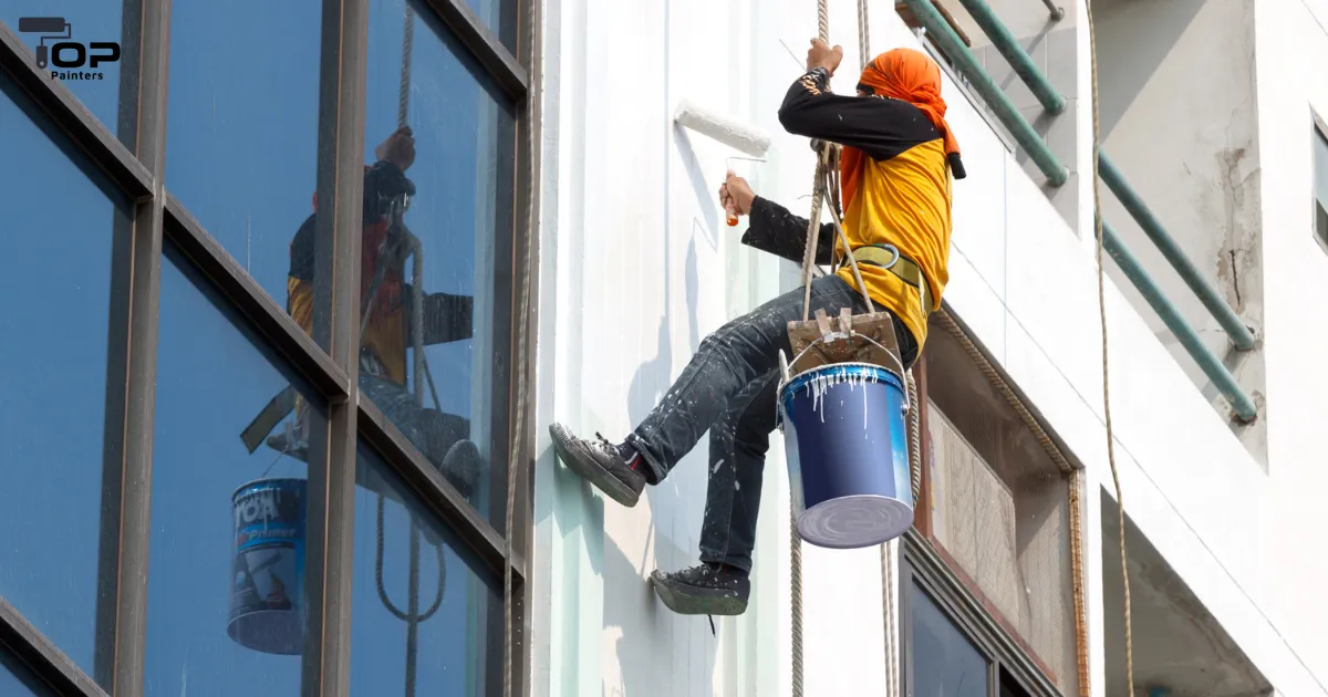 A building painter in the process of painting a structure.