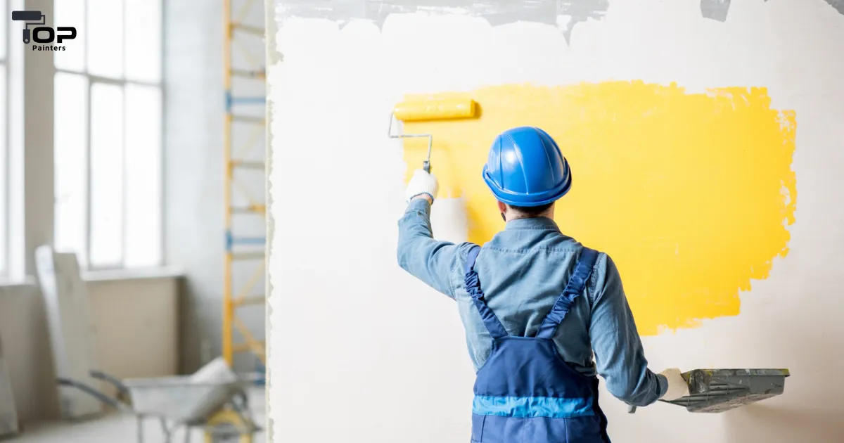 A professional painter using a roller and yellow paint to paint a building interior.