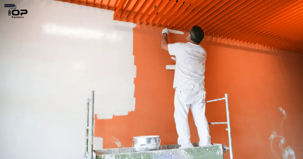 A building painter is currently painting the walls and ceiling of a house.