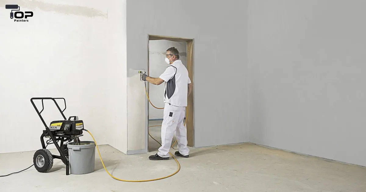 A professional painter painting a house wall with building primer.