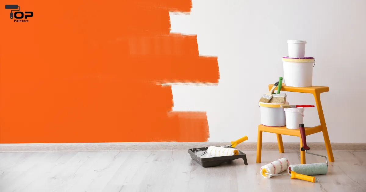 Using rollers and orange paint to paint a building interior.