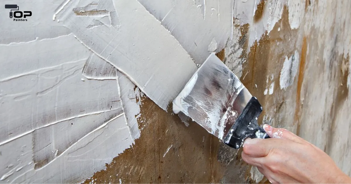 A man is professionally using plastic putty on the wall.