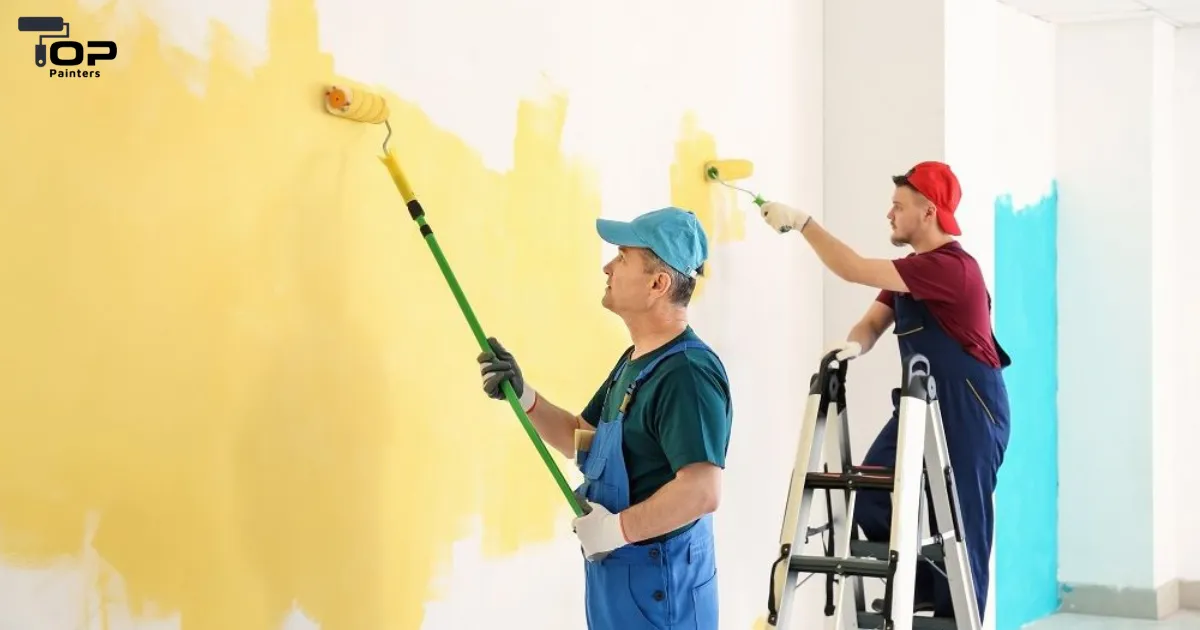 Two professional painters applying paint primer on an interior wall for residential painting.