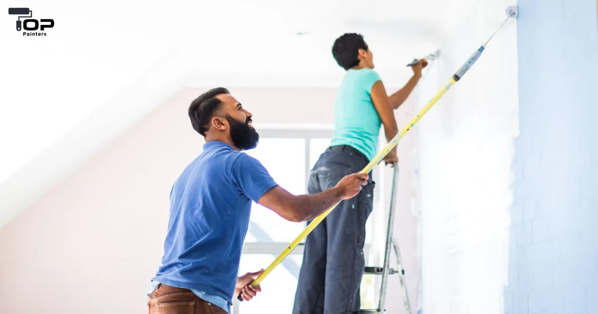 A couple applying oil-based paint for buildings to a wall.