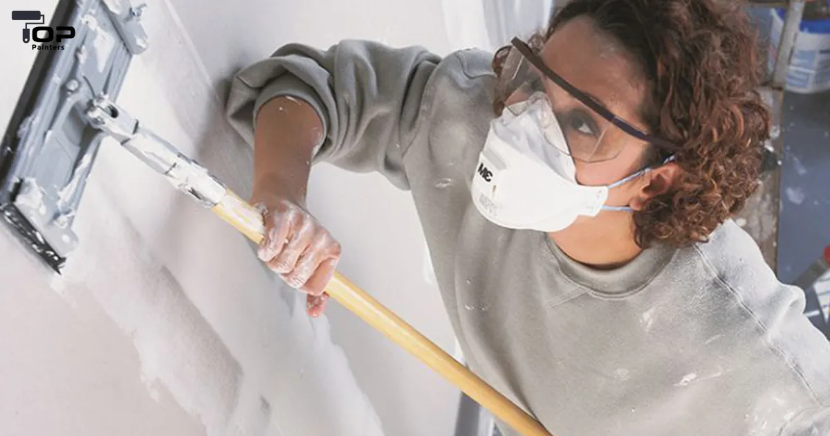 A professional painter wearing a mask to remove paint odors or eliminate paint smells.