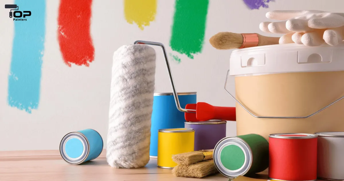 A selection of rollers, color paints and brushes used for calculating painting costs.