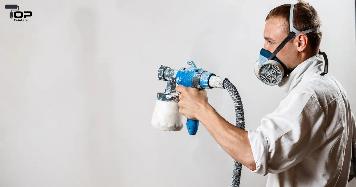 Professional painter using a spray gun and mask for residential and industrial spray painting.