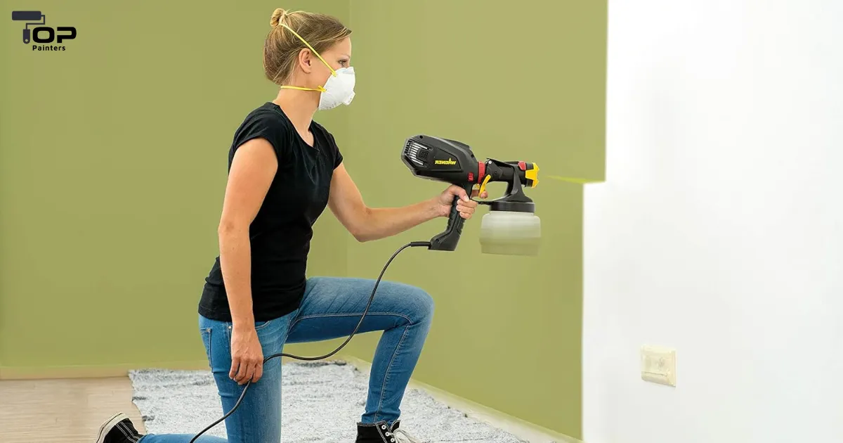 A woman painter wearing a mask to remove paint odors or eliminate paint smells.