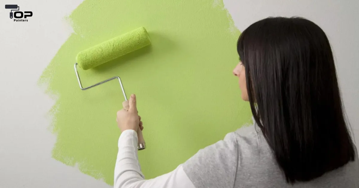 Painting costs: A woman using a roller to apply green paint on a building.