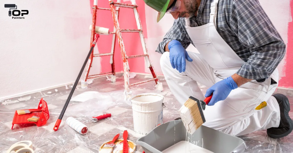 A painter using different building painting tools.